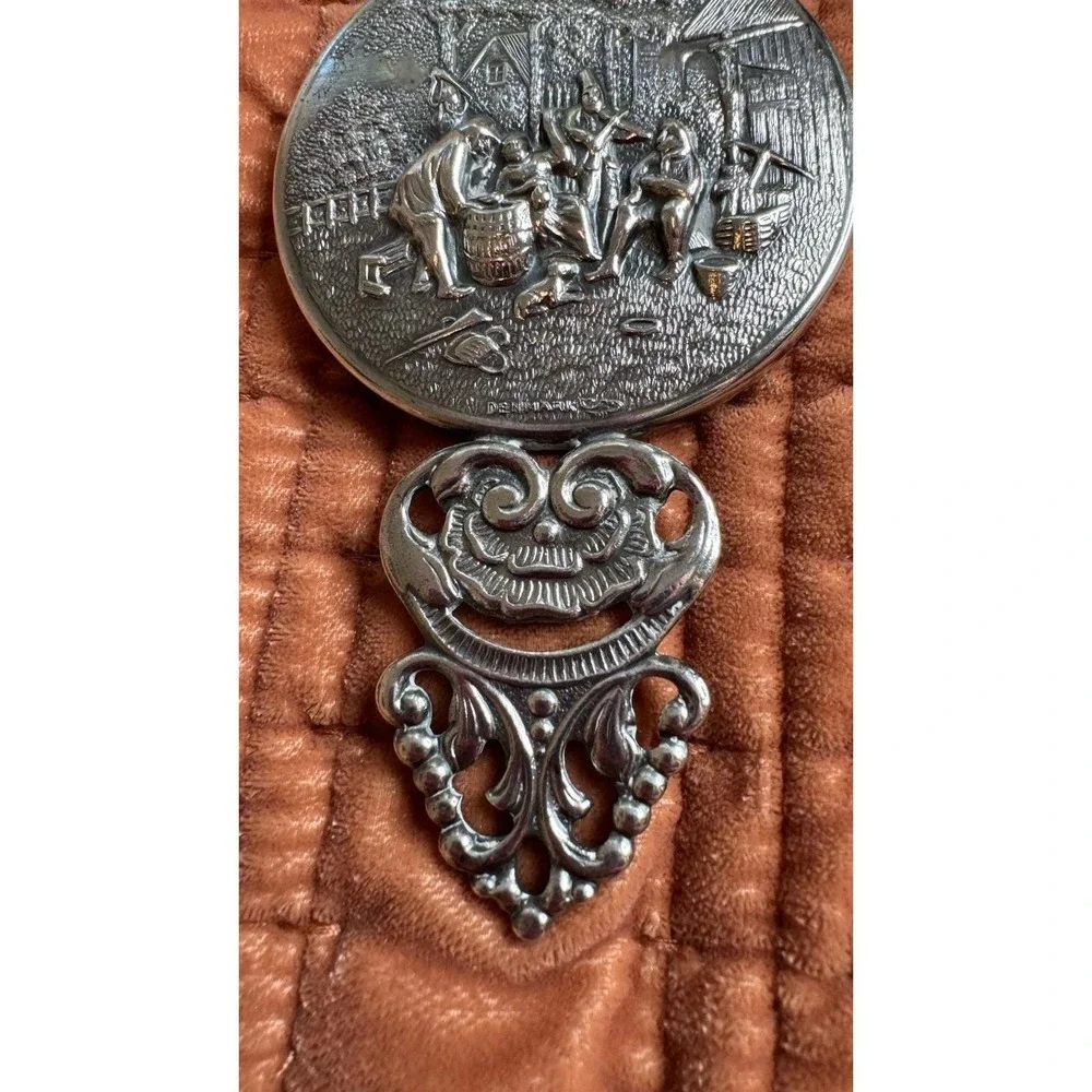 Vintage Hans Jensen of Denmark Pewter Hand Mirror Colonial Scene